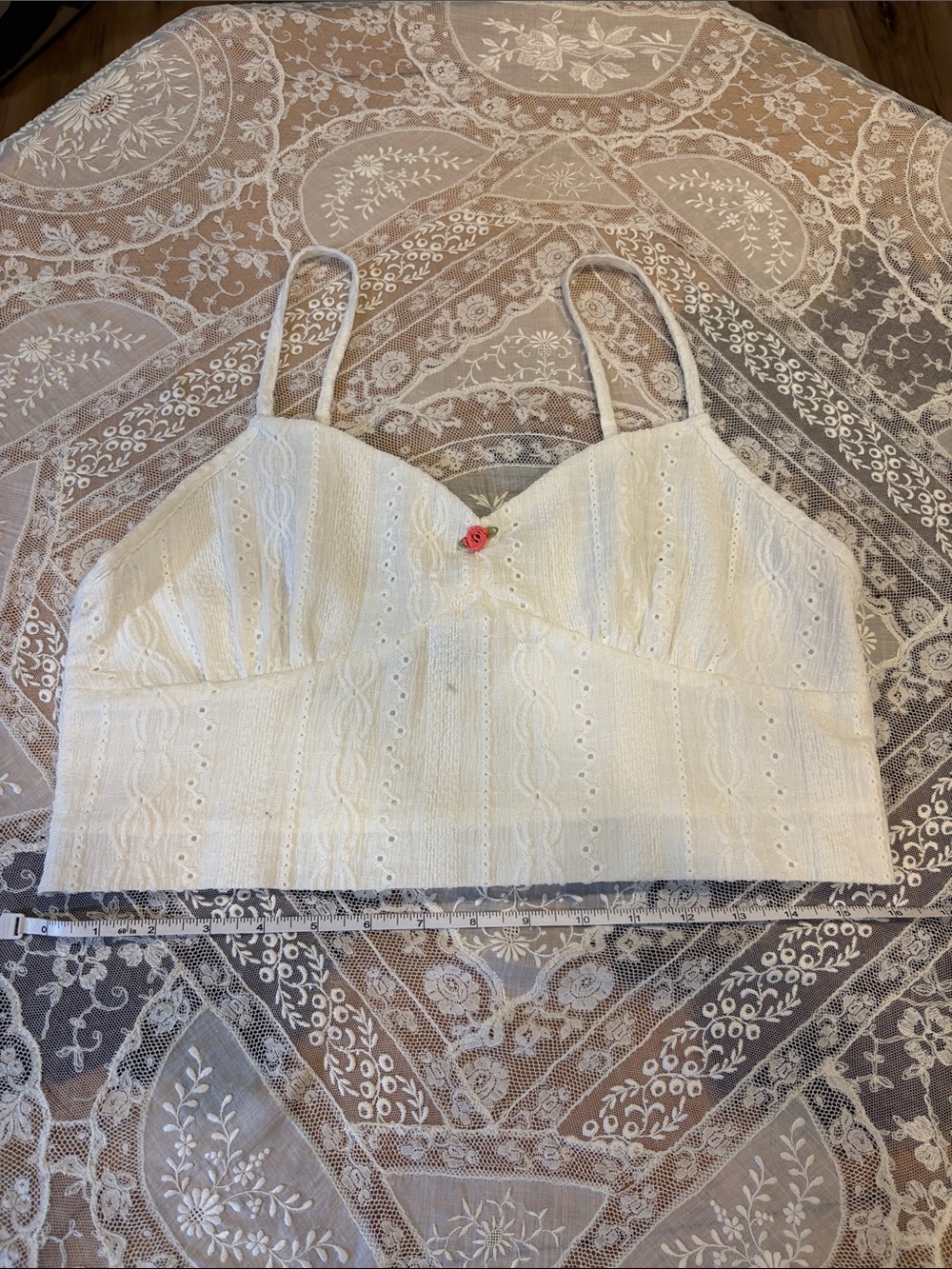 Ivory Eyelet Lace Cropped Cami with Pink Rose Accent